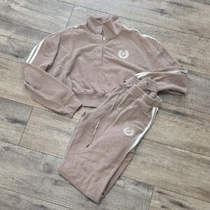Victoria's Secret Pink Crop Sweatshirt + High Waist Gym Pants Set Iced Coffee
